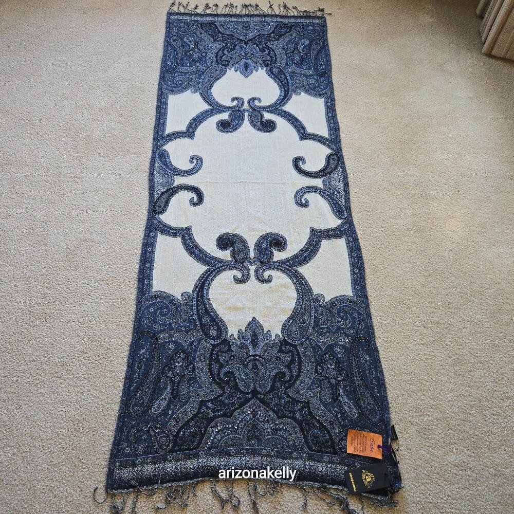 NWT Wool Scarf with Sequins & Beads Blue White Ahujasons